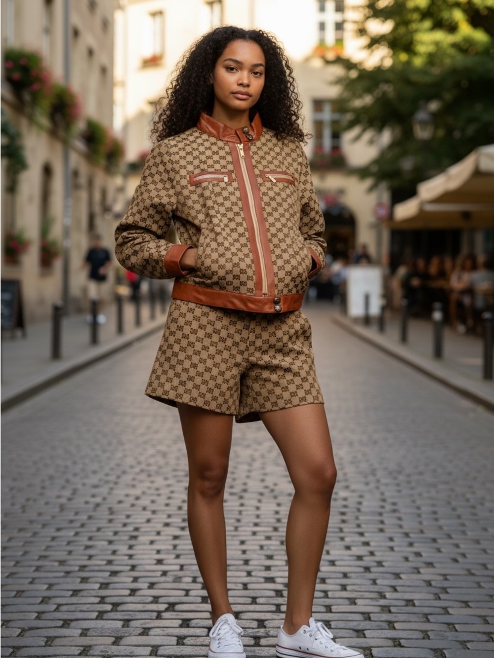 Designer-Inspired Tan & Brown Logo Quilted Bomber Jacket